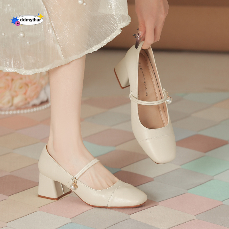 Mary Jane Women's Korean Style Soft Genuine Leather Single Shoes Office Chunky Pearl Pendant Diamond Professional Dress High Heels ddmythur