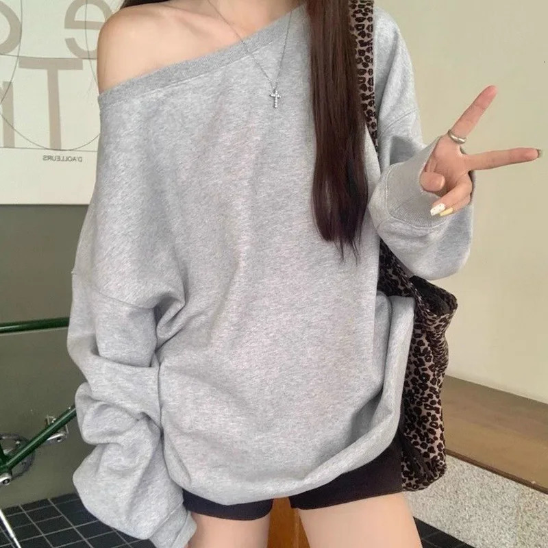 Women Clothes Casual Korean Solid Color Off Shoulder Long Sleeve Sweatshirts Autumn Winter All-match Loose T-Shirts Female Tops 250616