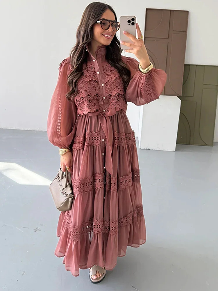 Hollow Out Embroidery Patchwork A-line Long Dress Elegant Women Long Sleeve High Waist Lapel Pleated Dresses Holiday Ruffle Robe250616