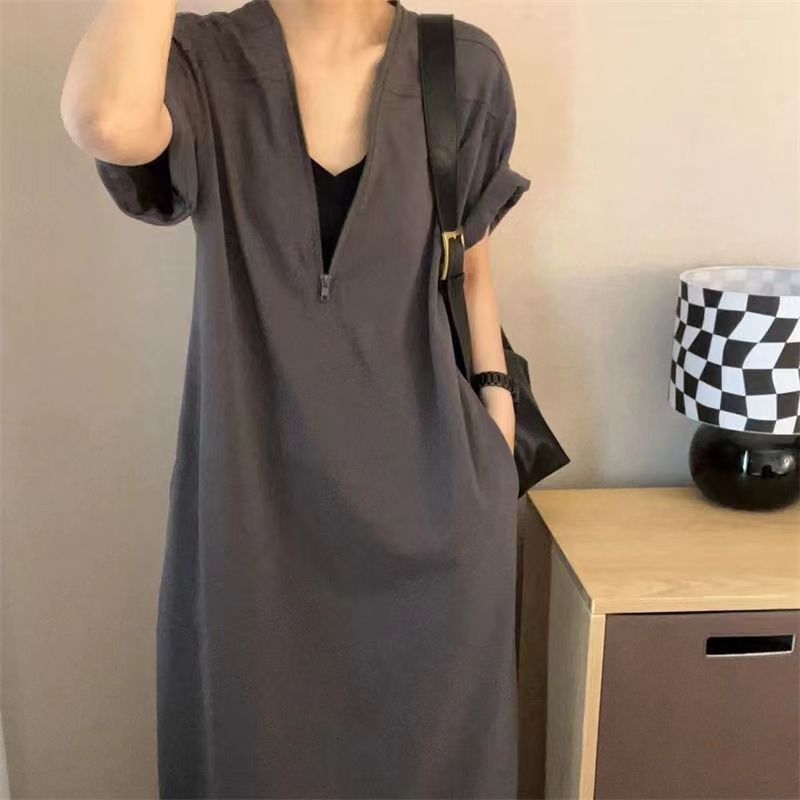Designer Plus Size Dressplus Size Vintage Hepburn Zipper Dress For Women, Summer New Loose Slimming Casual Tummy-hiding Short Sleeve Long Dress