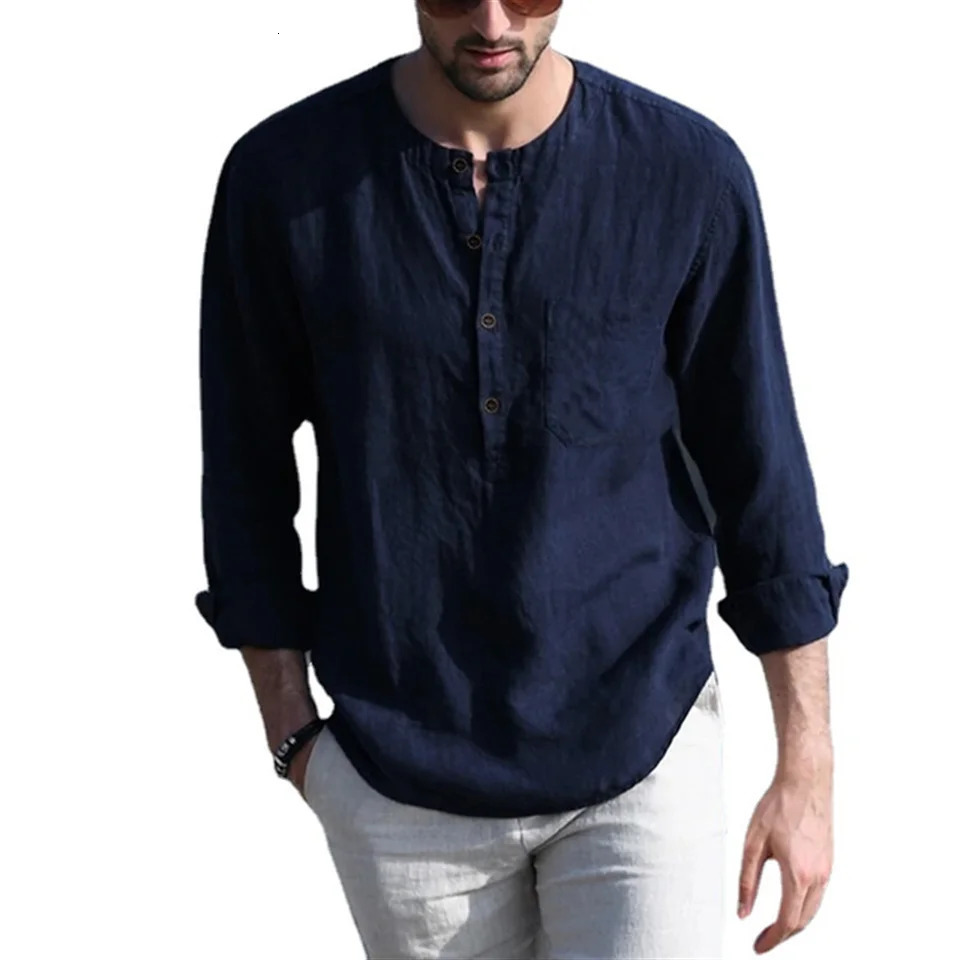 Cotton Line Mens Long-Sleeved Shirts Summer Solid Color Stand-Up Collar Casual Beach Style Plus Size250616