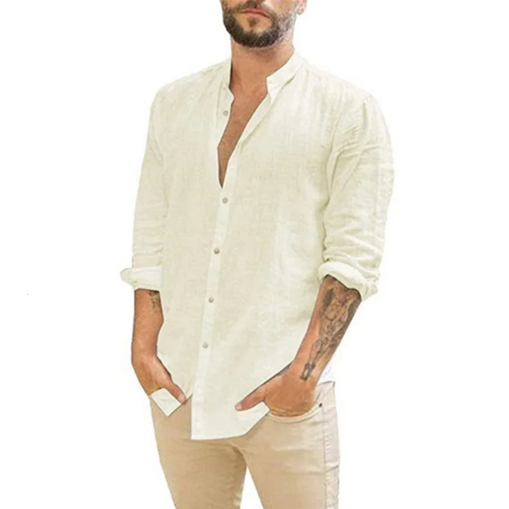 Cotton Linen Mens Long-Sleeved Shirts Summer Solid Color Stand-Up Collar Casual Beach Style Plus Size250616