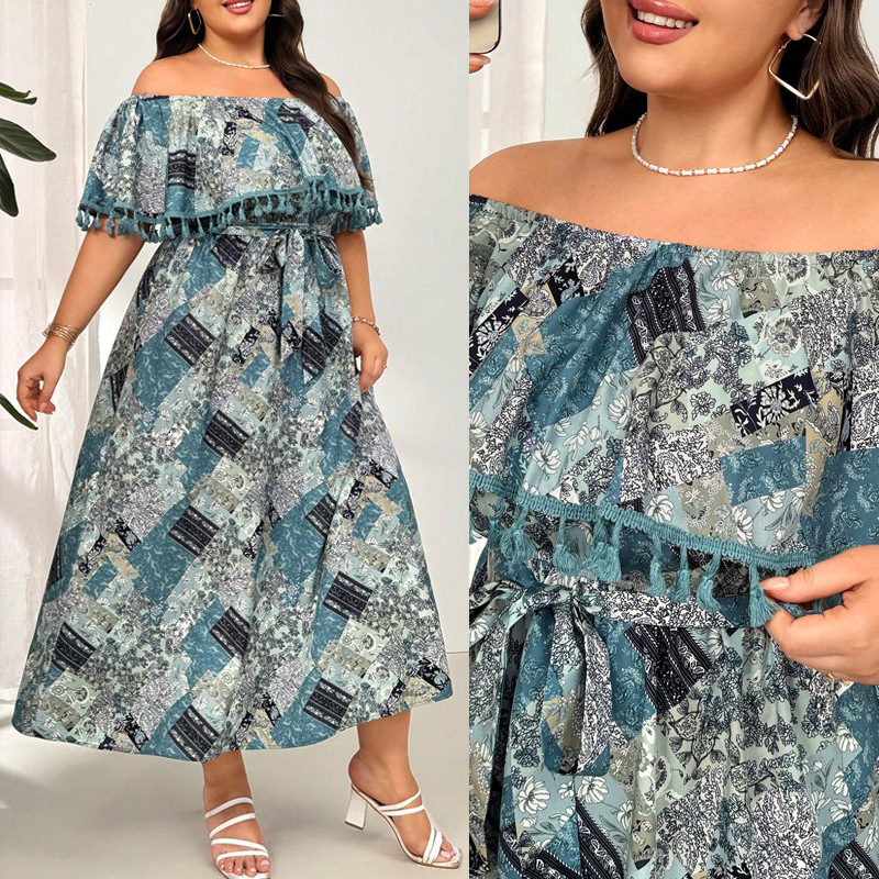 Designer Plus Size Dressin Stock European And American Style Women's Fashion New 2025 Fashion Off-shoulder Printed Tassel Dress