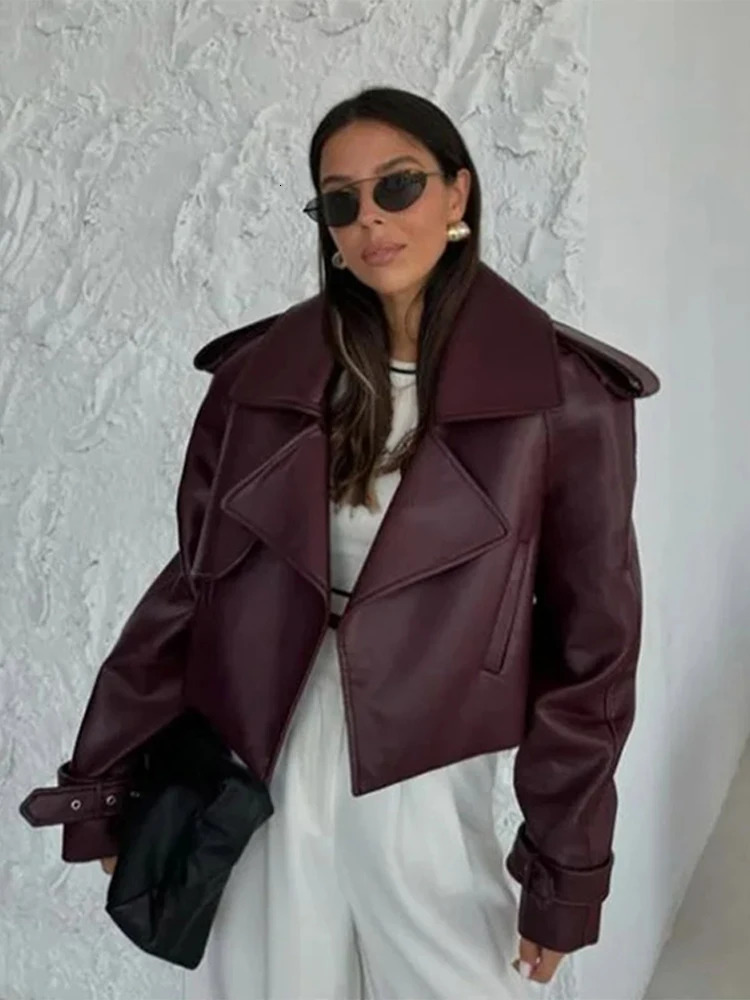 Street Burgundy Leather Jacket Women Lapel Jacket Fashion Solid Casual Long Sleeves Female Jackets Motorcycle Lady Overcoat 250614