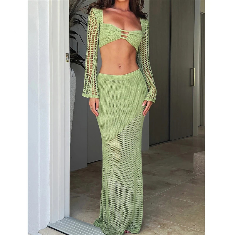 Knit Two Piece Sets Women Summer Vacation Backless Long Sleeve Crop Tops Long Knitted Skirt Hollow Out Y2K Beach Style Suits 250614
