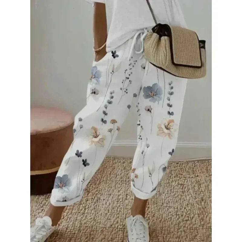 Womens Fashion Summer Plus Size 1XL5XL Floral Print Straight Elastic Drawstring Pocket Pants Ladise Casual Versatile Pants 250609