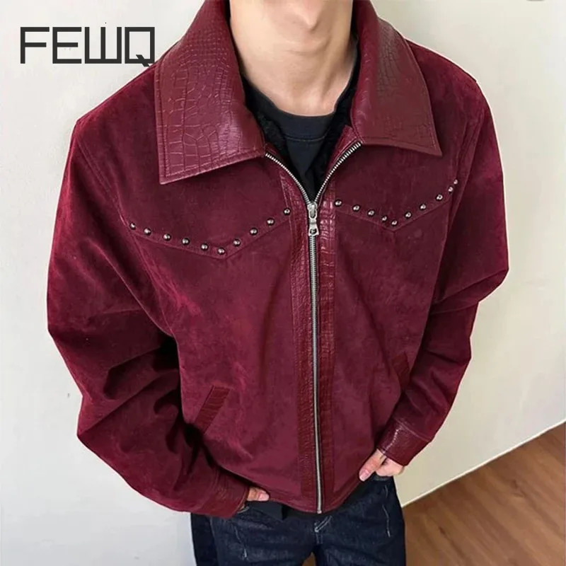 FEWQ High Street Mens Coats Turn-down Collar PU Leather Patchwork Metal Rivets Zipper Solid Color Casual Male Jackets 24K3450 250617