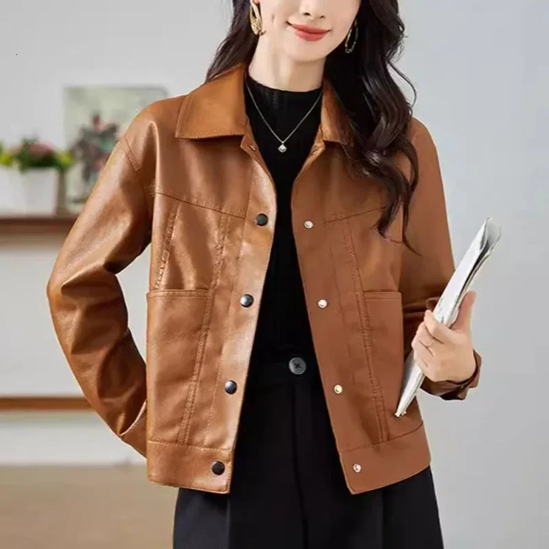 Women PU Leather Jackets Spring Autumn Fashion Streetwear Lapel Single Breasted Coats Solid Color Female Casual Slim Outerwear 250614
