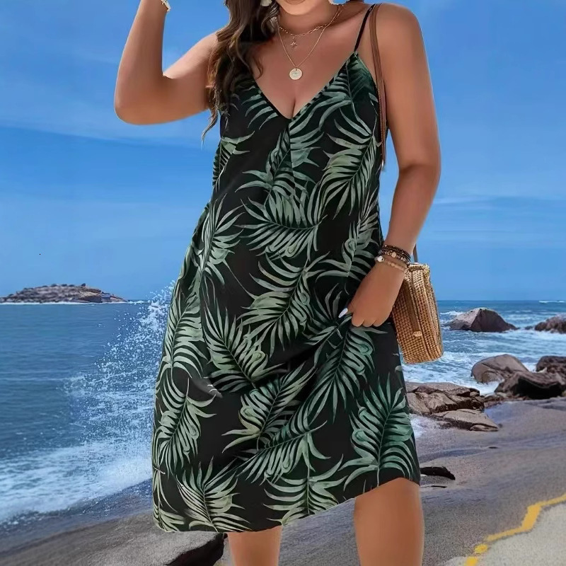 Designer Plus Size Dresseuropean And American Fashion Plus Size Vacation Loose V-neck Plant Print Women's Strap Dress