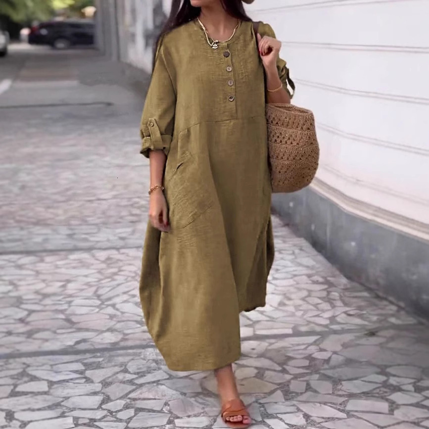 2025 European and American Cross-Border Summer Women's Solid Color Round Neck Cotton Linen Long Sleeve Casual Double Side Pocket Button Long Dr