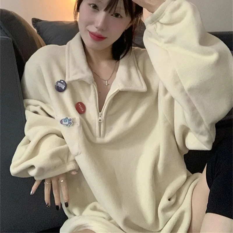 Womens Polo Neck Sweatshirt Fleece Zip up Shoulder Drop Loose Fit Autumn Winter Outerwear with 3 Badges 250616