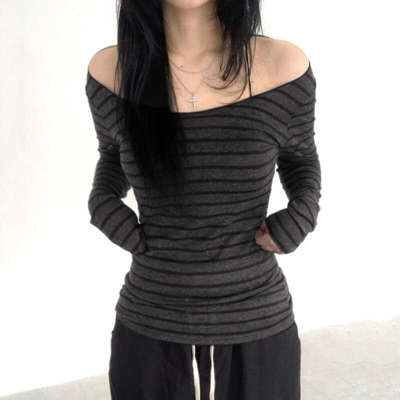 American Style Slim Fit Round Neck Off-Shoulder T-Shirt Early Autumn New Hot Girl Slimming Striped Top Pullover Knitwear B5