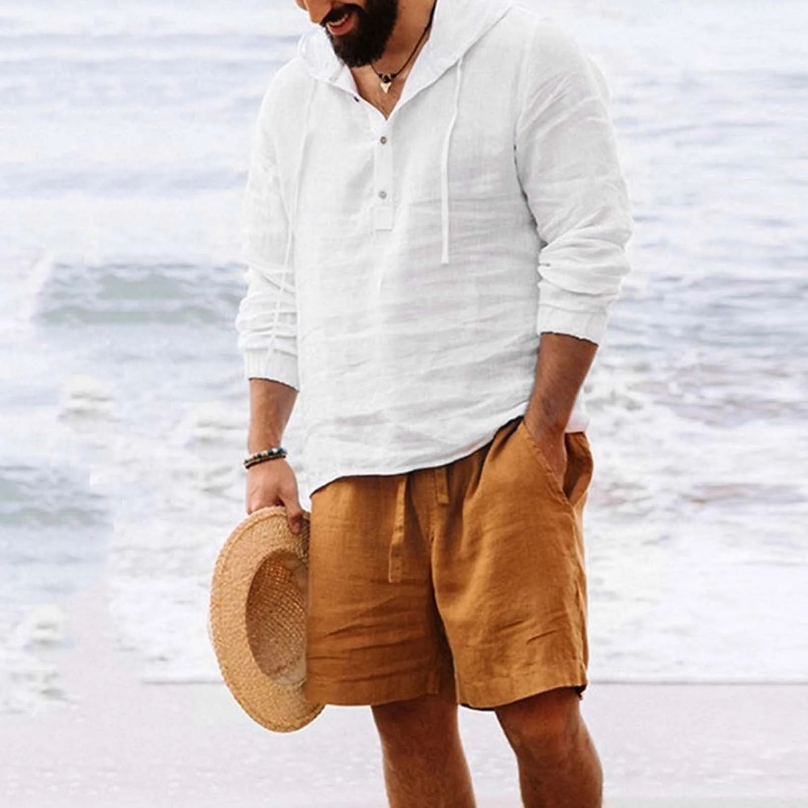 Mens T shirt Cotton Linee Drawstring Hoodied Tops Casual Solid Shirt Long Sleeve Cotton Shirt Tops Comfortable Beach Tops 250614