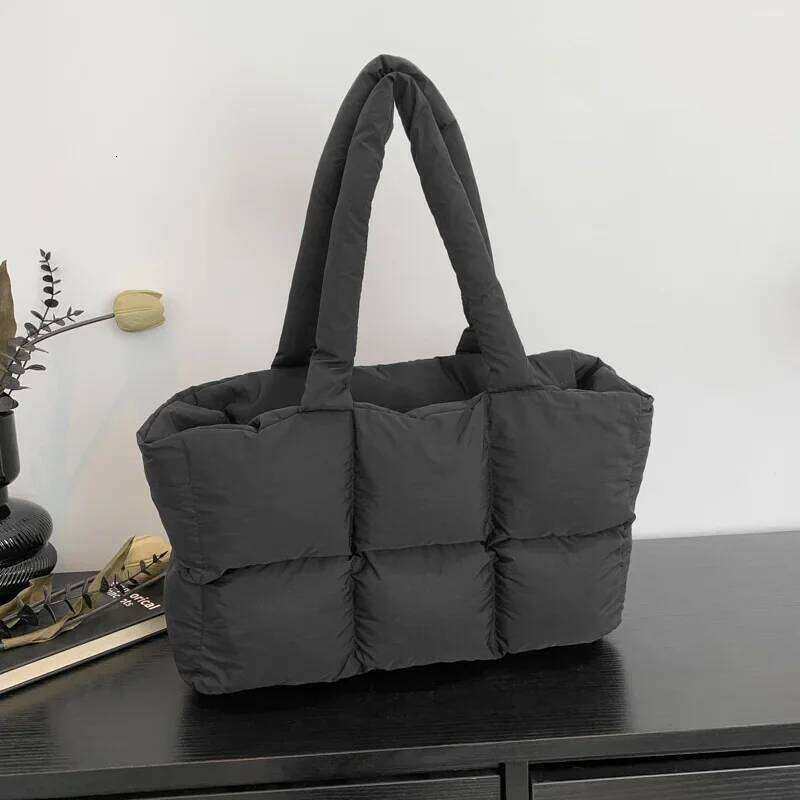 New Down Tote For Women Large Capacity Cloud Handbag Korean Winter Cotton Jacket Checkered Single Nylon Shoulder Bag