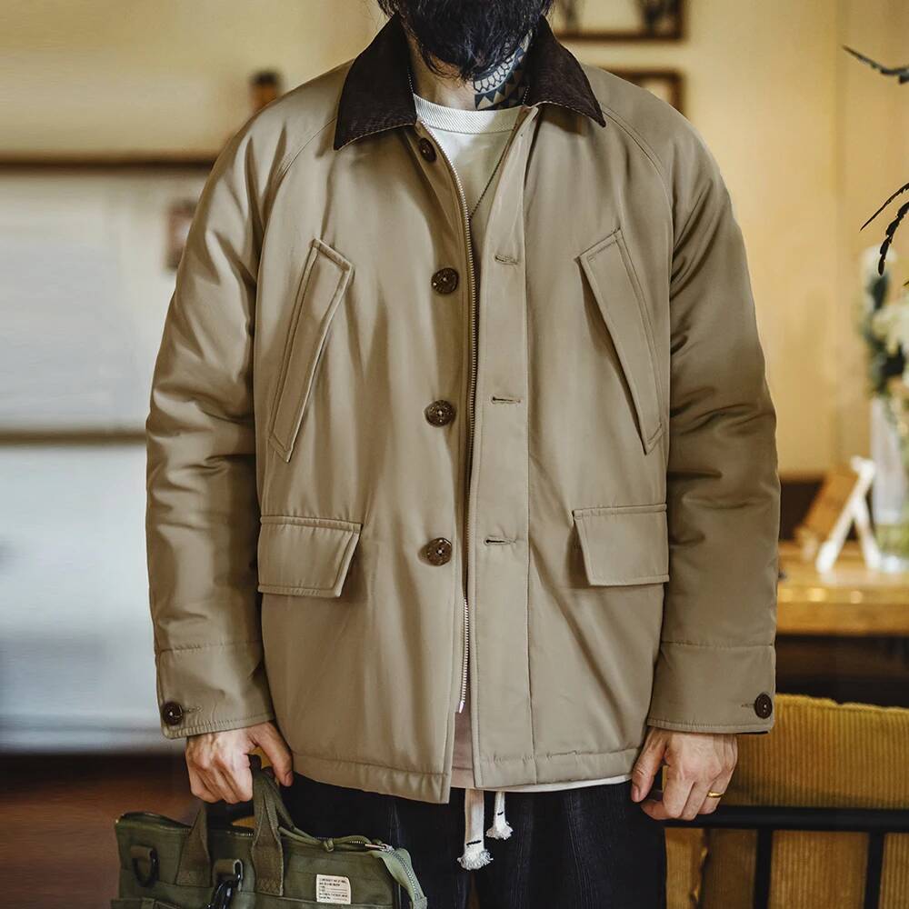 25/26 Maden Vintage Corduroy Collar Cotton Padded Safari Jacket Thickened Warm Coat For Men's Fall And Winter Versatile Overcoat