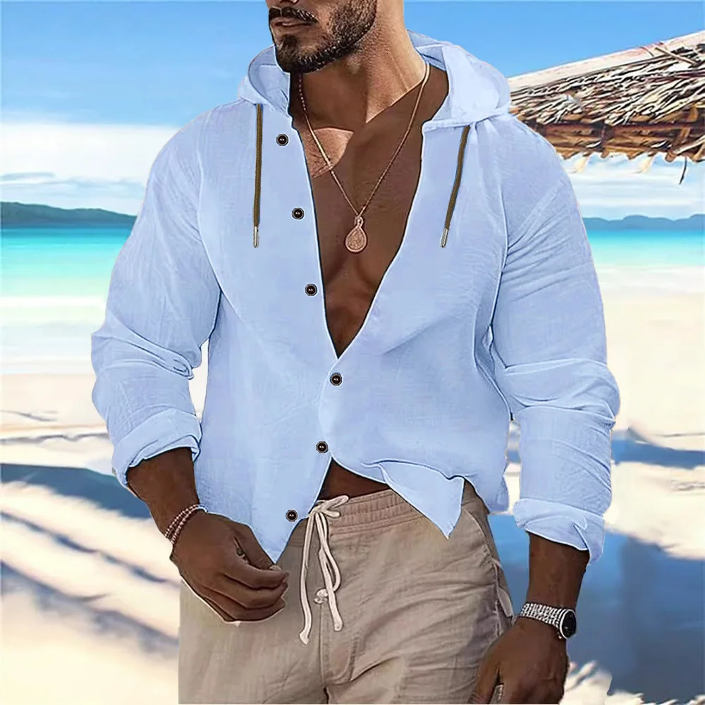 Mens Cotton Linen Shirts Vacation Hawaiian Beach Style Tops Long Sleeve Casual Hooded Lightweight Shirt Breathable Tops250616