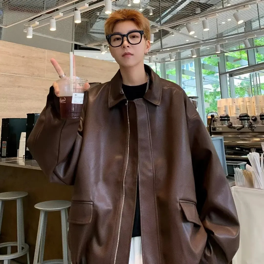 Brown Leather Jacket Style Men Womens Spring Autumn Motorcycle Clothing Cropped Coffee Color Vintage Maillard Jacket 250614