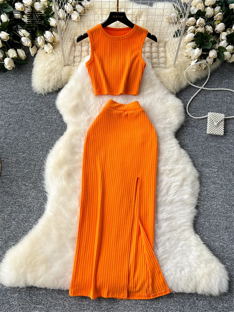 SINGREINY Sexy Solid Knit Two Pieces Set Ladies Sleeveless O Neck TopSplit Elastic Waist Bodycon Skirt Women Casual 2pcs Suits 250616