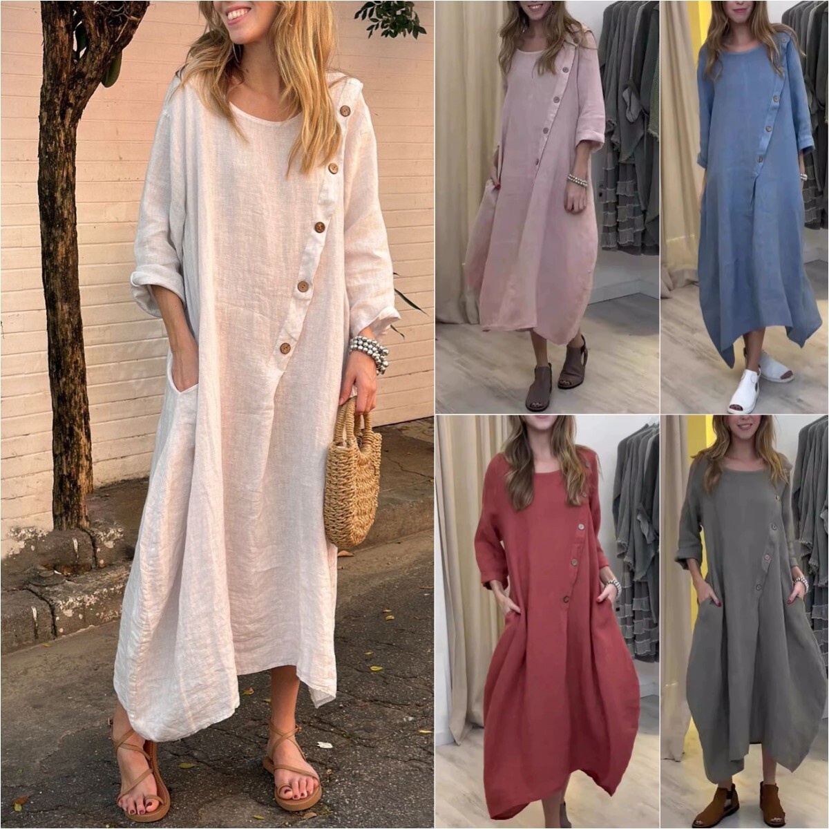Designer Plus Size Dress2025 Amazon Independent Station Summer New Women's Plus Size Loose Casual Round Neck Long Sleeve Solid Color Cotton Lin