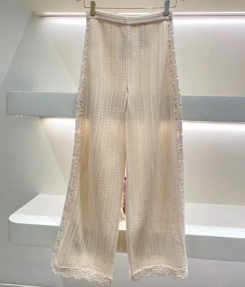High quality 2025 new style lazy m * a/j- hollow hook flower knitted sweater top wide leg pants set for women