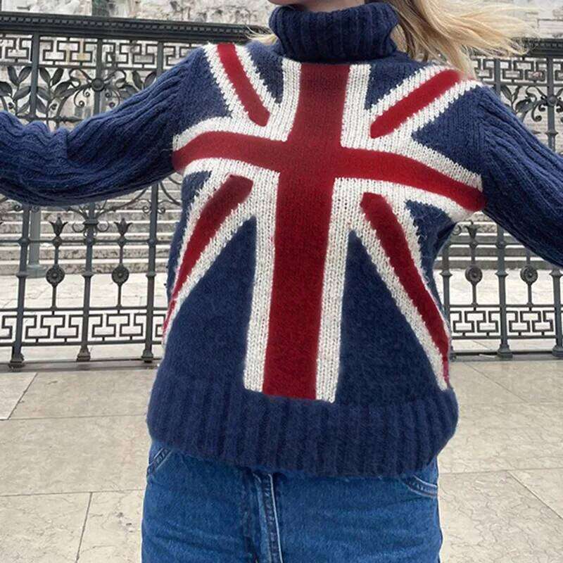 European 2024 Autumn and Winter American Turtleneck Flag Sweater Women's Fashion Style Loose Street Ret