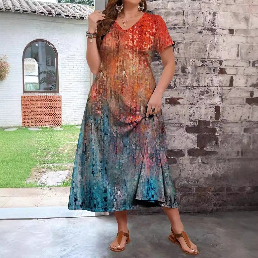 Designer Plus Size Dress2025 Spring Summer TEMU Amazon Fashion Cross-border New Abstract V-neck Plus Size Dress For Women