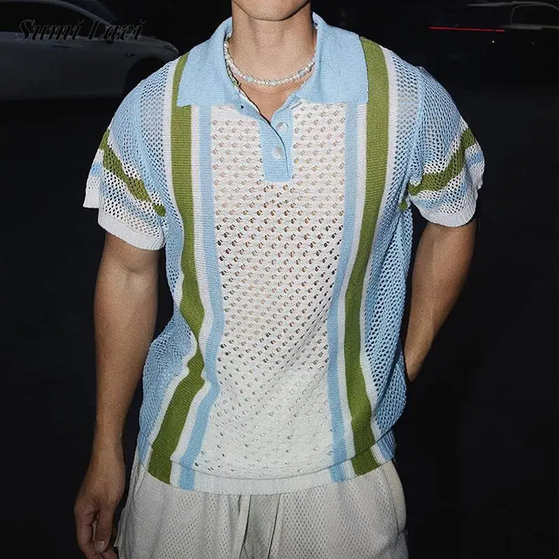 Vintage Striped Patchwork Knitting Polo Shirts For Men Summer Trendy Loose Hollow Out Polos Mens Tops Knit Short Sleeve T Shirt 250617
