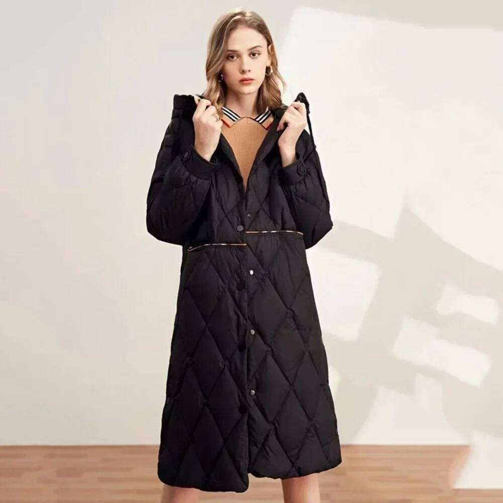 Slim Warm Puffer 2024 New Winter White Duck Down Jacket Women Long Over-the-knee Hooded Dia Check Coat Female