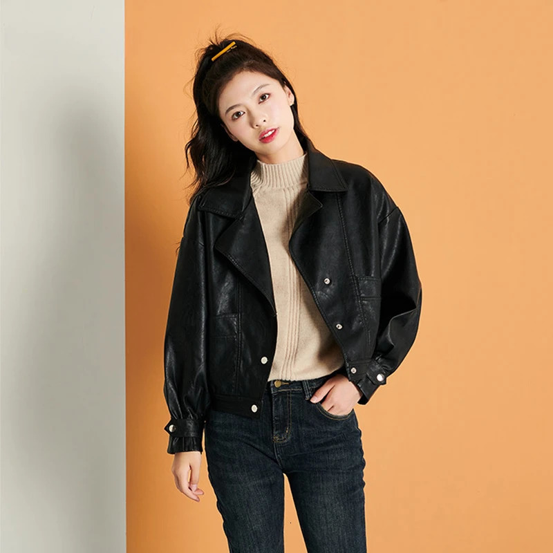 Lagabogy Women PU Leather Jacket Single Breasted Short Motorcycle Punk Coat Female Long Sleeve Loose Faux Leather Bomber Outwear 250614