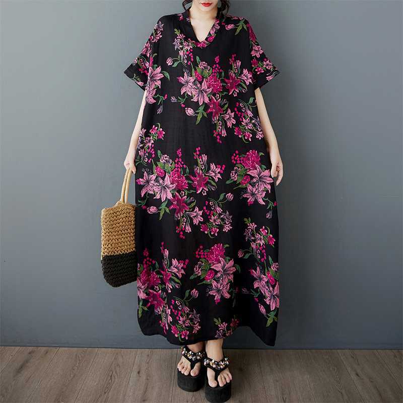 Designer Plus Size Dress2025 Summer New Floral V-neck Vintage Plus Size Loose Cotton Linen Dress For Women