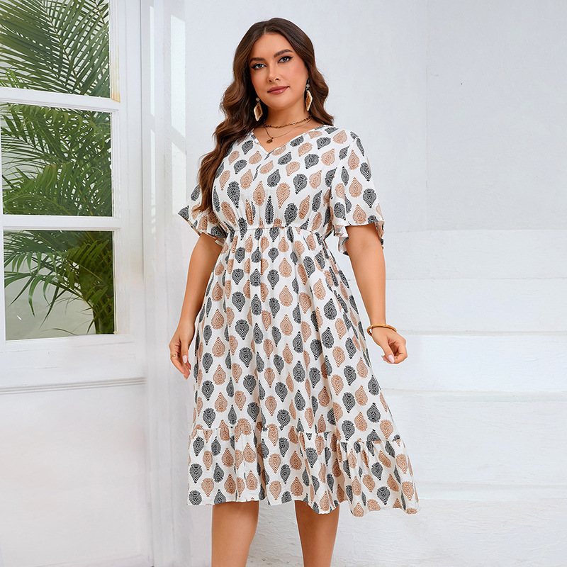 Designer Plus Size Dress2025 French Middle Eastern Hot-selling Plus Size Dress With Bell Sleeves V-neck Pullover Casual Fashion Printed Midi Dress