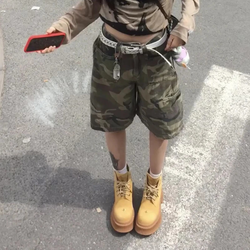 PBAP Retro Camouflage Wide Cargo Pants Women Wash High Rise Baggy Jorts Loose Casual Knee Long Denim Shorts Harajuku Streetwear 250614