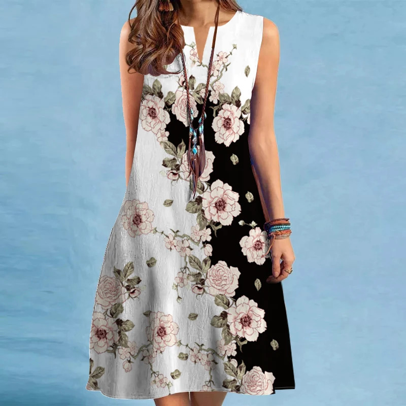 2024 European and American Cross Border Womens Dress V-neck Sleeveless Sexy Printed Large Hem Foreign Trade Dress250616