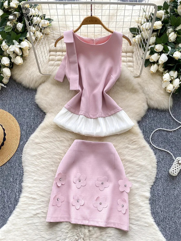 SINGREINY Sweet Beading 3D Floral 2pcs Suit Women Sleeveless Spliced Tank TopsZipper A Line Skirt French Style Summer Sets 250616