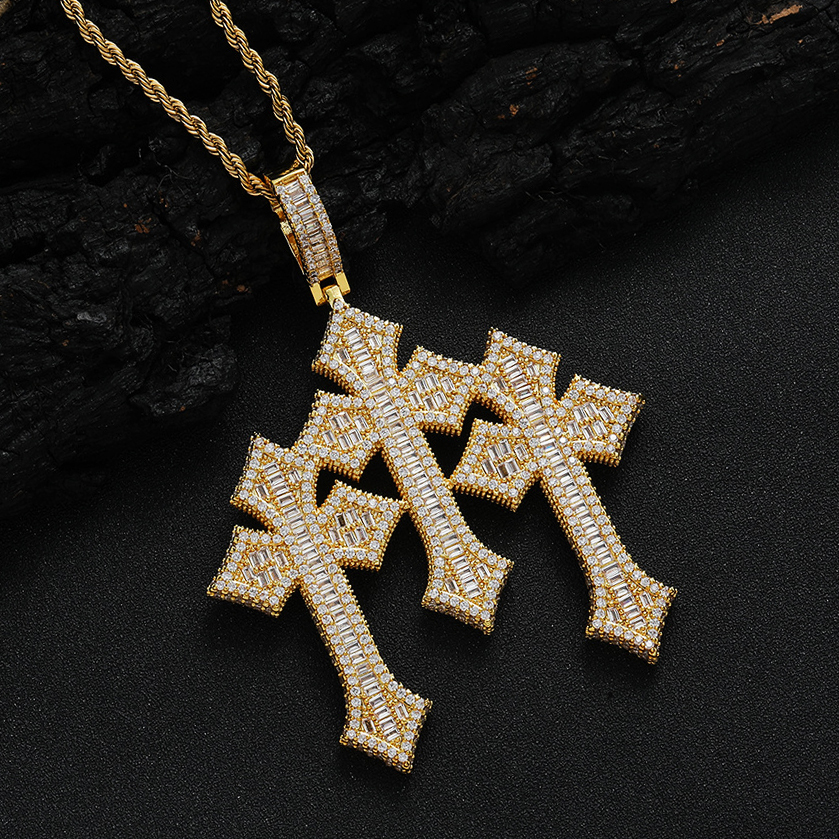 Hip Hop Three Cross Pendant Necklace Baguette CZ Stones Mens Full Iced Out Cubic Zirconia Jewelry Twist Chain Wolf Tide Streetwear Rapper Punk Rock