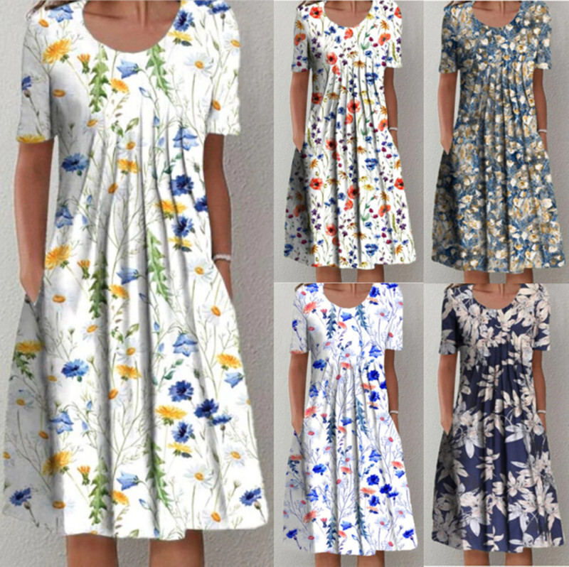 Designer Plus Size Dress2025 Amazon TEMU European And American Plus Size Spring Summer Women's Elegant Flared Skirt Round Neck Printed Short Sl