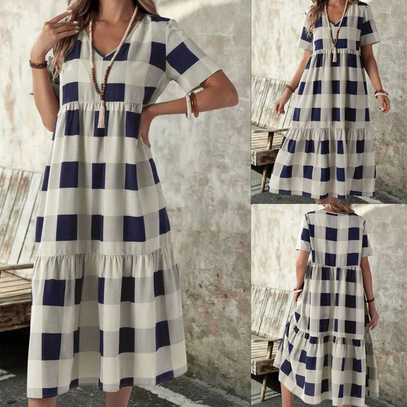Plus Size Dress2025 Amazon European And American Foreign Trade Plaid Dress For Women Summer Fashionable Elegant V-neck Short Sleeve Long Dress Women
