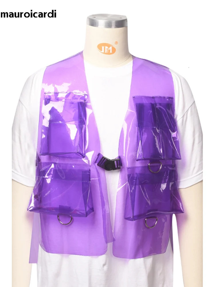 Mauroicardi Spring Autumn Short Cool Transparent Purple White PVC Leather Vest Men er Y2K Clothes Sleeveless Jacket 250617