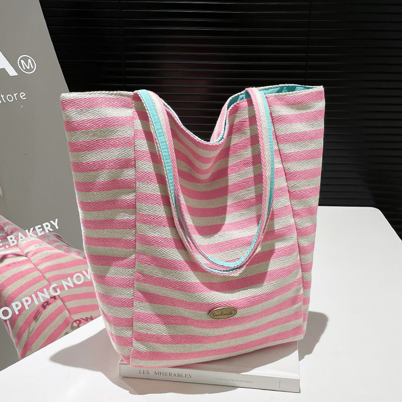 Free shipping designer Trendy Niche Artistic Style Casual Color-Block Striped Tote Bag Sweet Lazy Double-Sided Shoulder Bag for Women