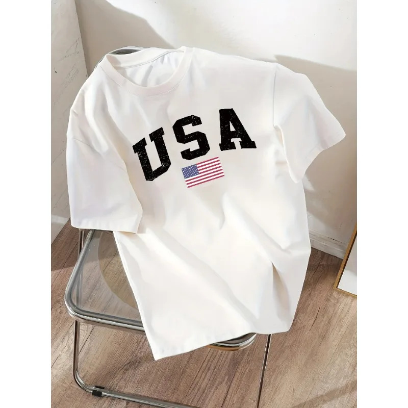 USA Letter Printed Mens T-shirt Loose and Fashionable Short Sleeved Round Neck Casual Top Summer Daily Couple T-shirt 250614