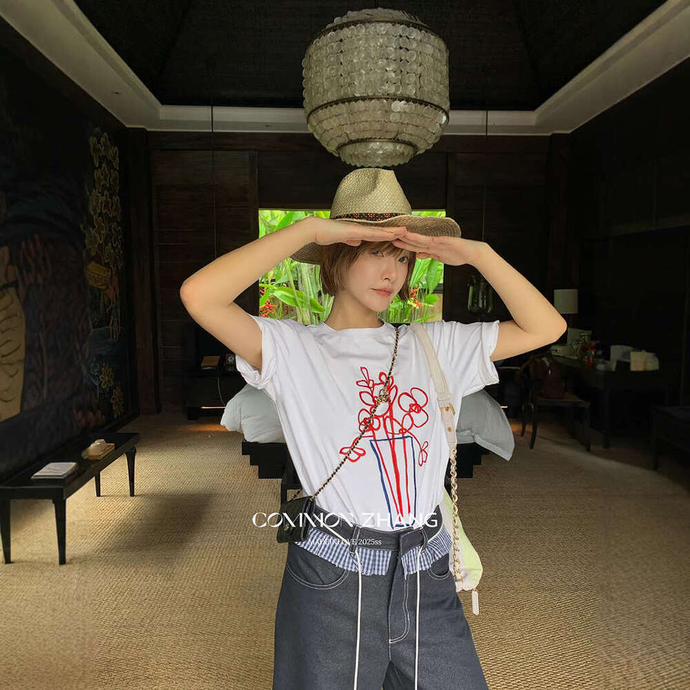 CZ Zhang Korean Style Abstract Floral Embroidered Round Neck Regular Shoulder Loose Casual Tencel Short Sleeve T-Shirt B10090 B5