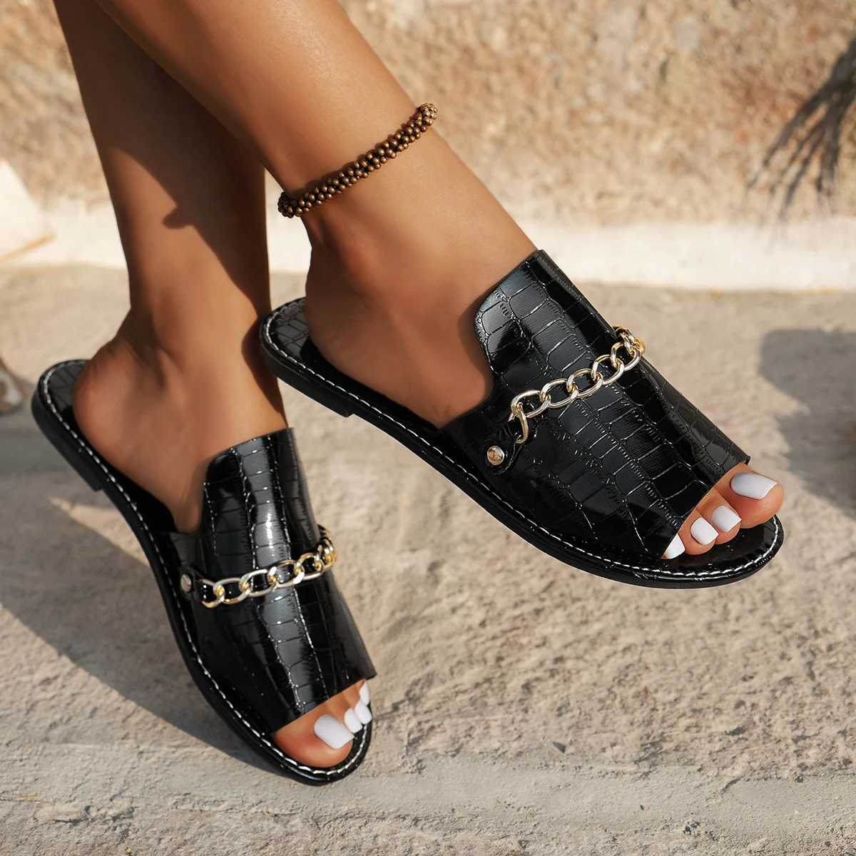 Sandals for Women 2024 New Summer Fashion Casual Versatile Open Toe Slippers Womens Chain Flat Sandals Shoes Large Size 36-43 Z250620