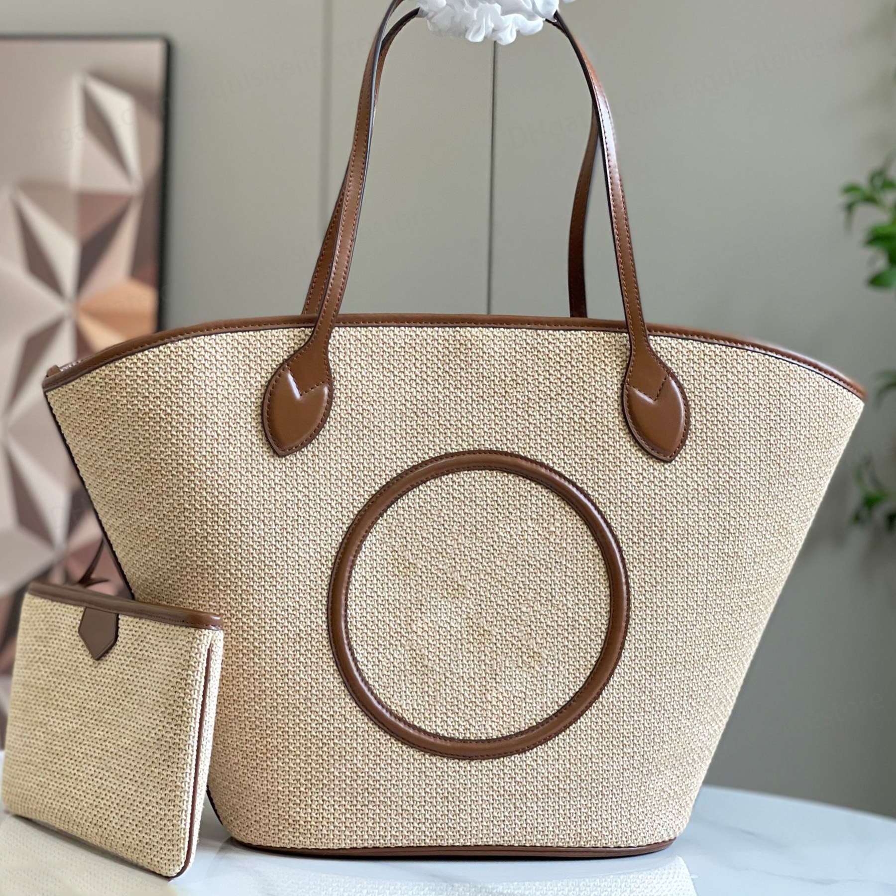 Top Quality Summer Straw Beach Bag Genuine Leather Golden Hardware Tote Bag Removable Pouch Handbag Zipper Pocket Clutch Bag Fashion Women Casual Sh