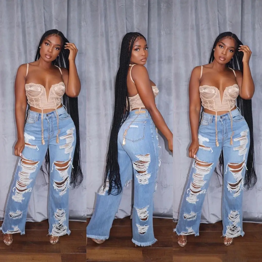 Jeans Women Long Pants Elegant Splice Denim Pant Slim Fit Sexy Hole High Waist Button Pocket Straight Trousers Summer 250614