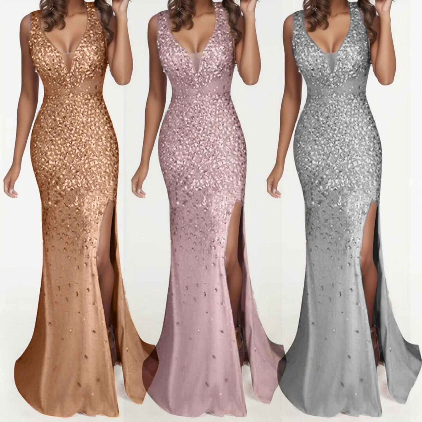 Womens Sexy Deep V Split Party Dresses Glitter Sequins Wedding Long Dress Elegant Prom Ball Evening Gown Bridesmaid Vestidos 250617