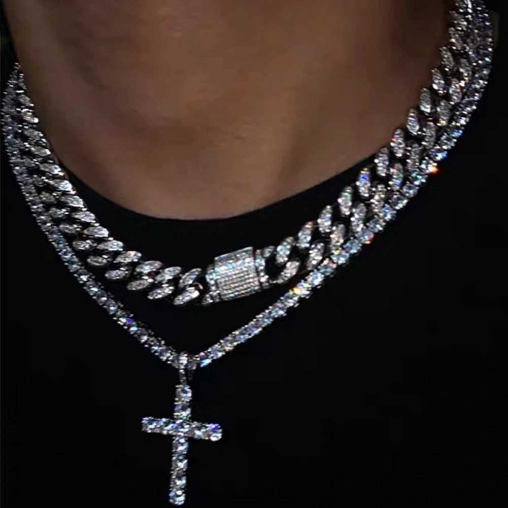 Hip Hop Diamond Cuban Link Chain Cross Necklace Men Women 2Pcs Bling Miami Cuban Chain Necklace Set d Out Chain Jewelry W250620
