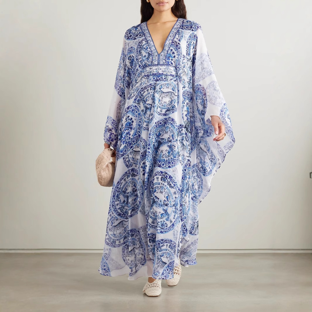 Designer Size Dresscross-border Independent Station 2025 New European And American Summer Blue And White Porcelain Print Loose Plus Size V-neck Dres