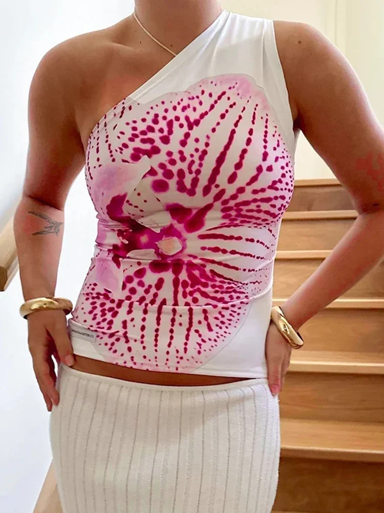 Women Printed One Shoulder Tank Top Diagonal Collar Sleeveless Slim Fit Summer Casual Versatile Top