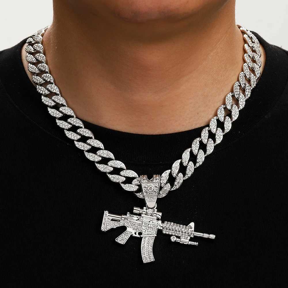 Renqing hip hop full drill shot gun alloy pendant collocation 15mm Cuban chain necklace mens necklace jewelry W250620