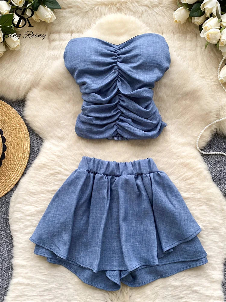 SINGREINY Summer Plain Women Suits Strapless Pleated Slim TopsBasic Wide Legs Shorts Female Fashion sweet Two Piece Sets 250614